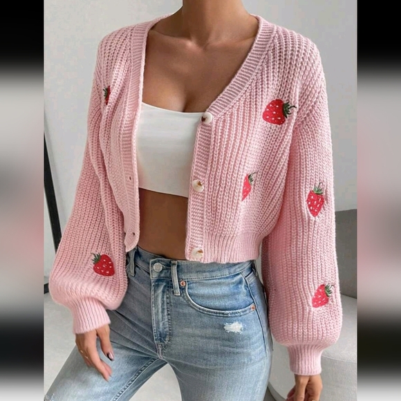 Strawberry Embroidery Drop Shoulder Cardigan,Ladies Spring/Fall Casual Button - Picture 1 of 5